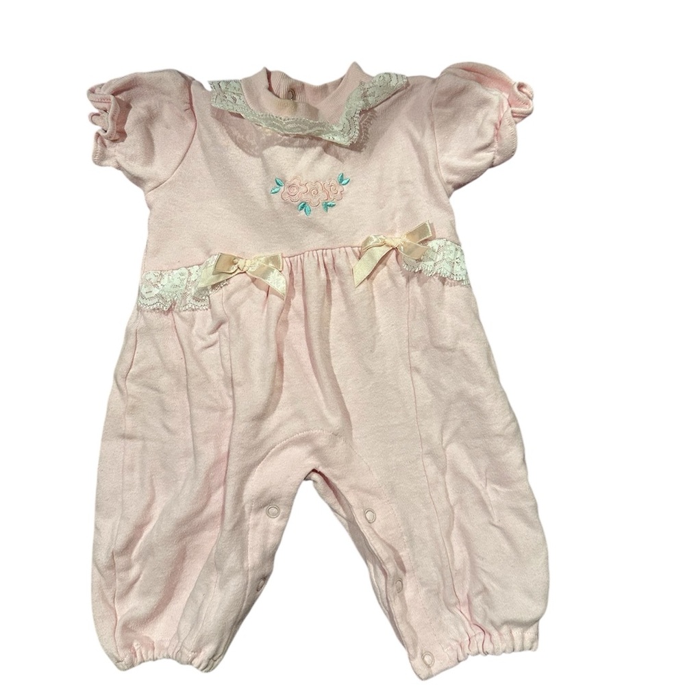 Vintage 90s Pink Baby Romper with Lace and Bow Details